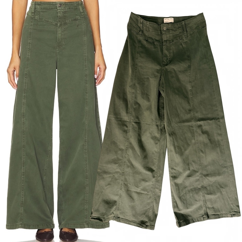Free People We The Free Good Luck Pants Wide Leg Army Green 32